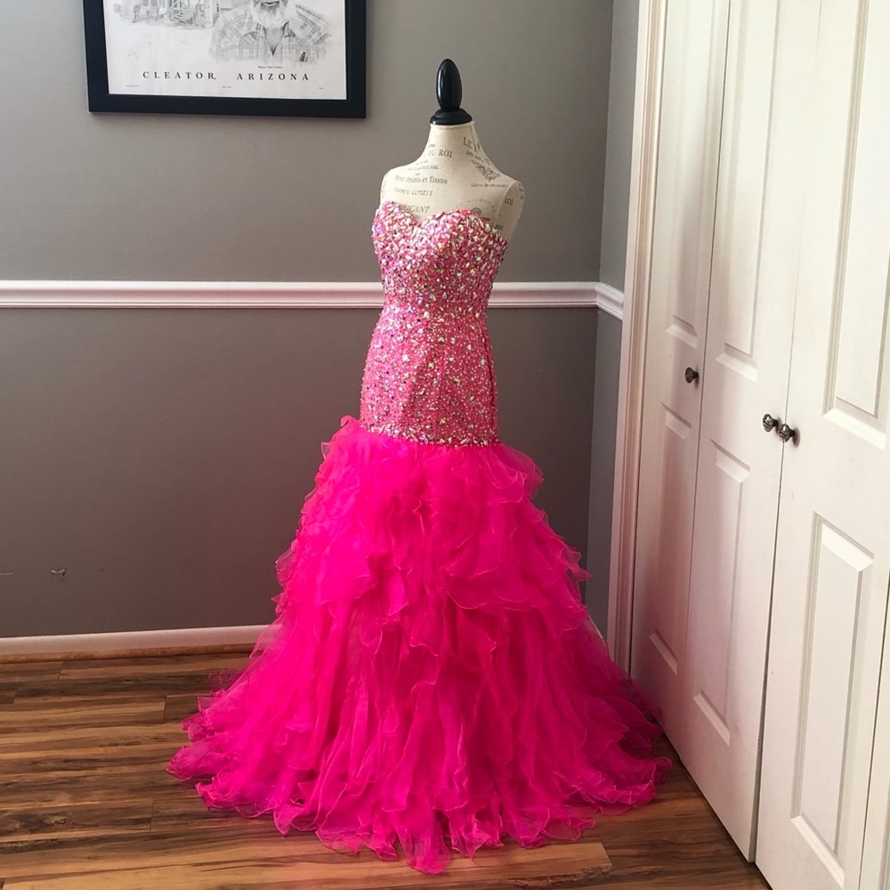🔴CLEARANCE NEW TIFFANY DESIGNS SZ 4 NEON PINK CORSET BEAD ORGANZA FORMAL GOWN - Picture 2 of 14
